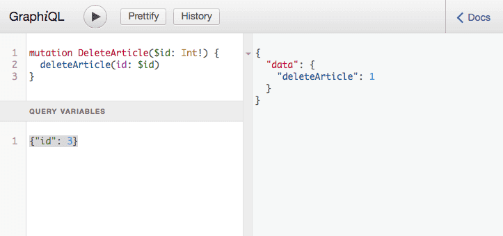 Screenshot of GraphiQL executing a delete mutation