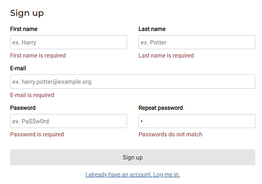 Screenshot of an invalid form containing error messages